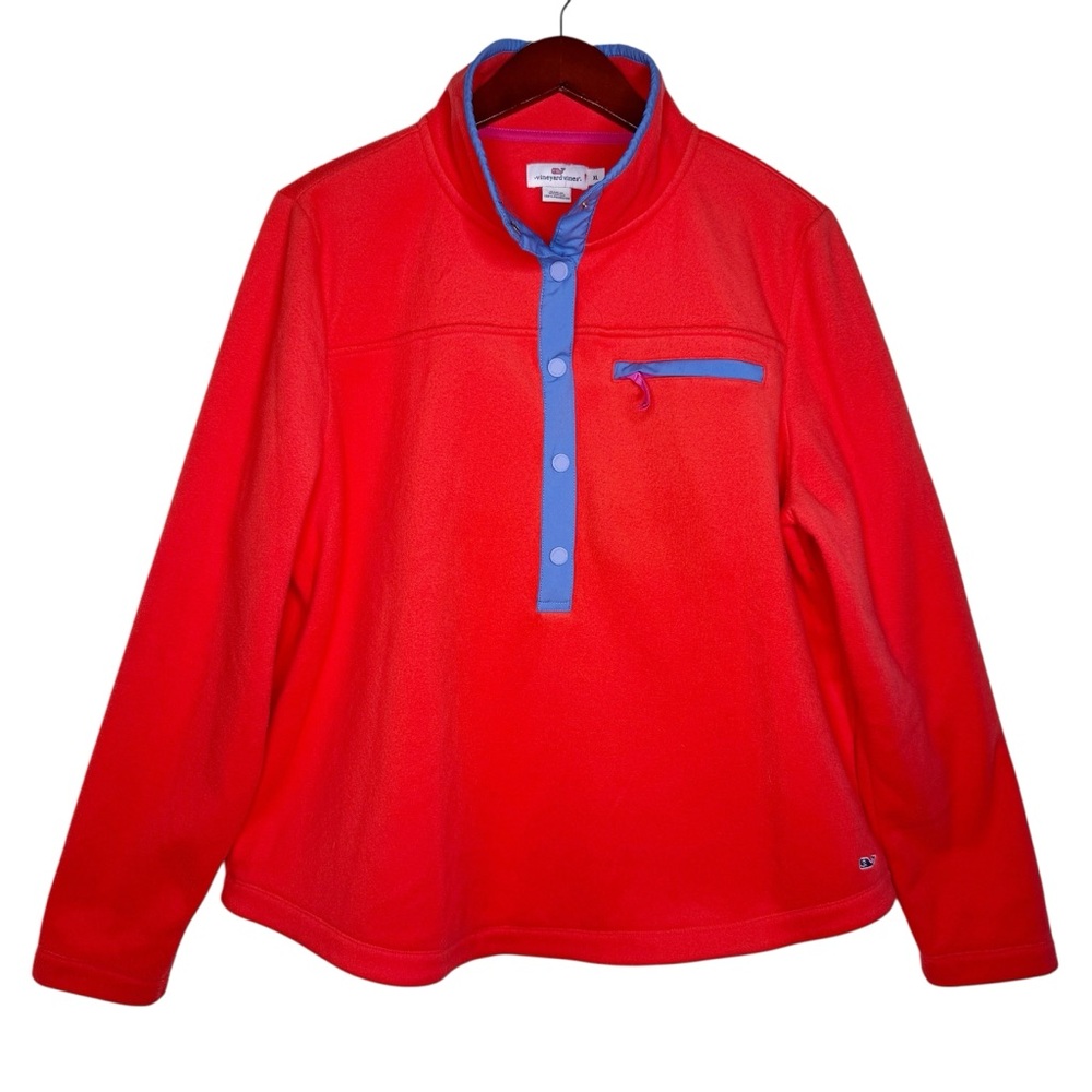 VINEYARD VINES Snap Neck Fleece Pullover Top Size XL in Bright Coral